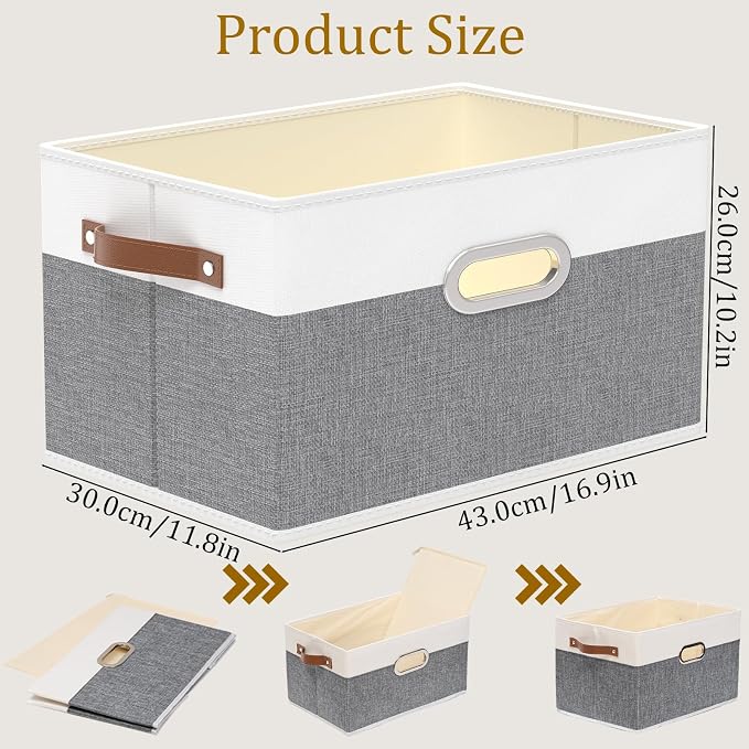 Yawinhe Fabric Storage Bins with Handles, Foldable Baskets for Shelves, Cubes with 3 Handles, Large Boxes for Clothes, White/Grey, 16.9''Lx11.8''Wx10.2''H, 4-Pack
