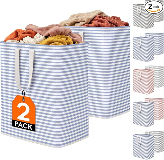 Lifewit 2 Pack Laundry Basket 100L Each, Collapsible Clothes Hamper with Reinforced Handles, Freestanding Waterproof Design for Bedroom and Laundry Room, Blue 200L Total