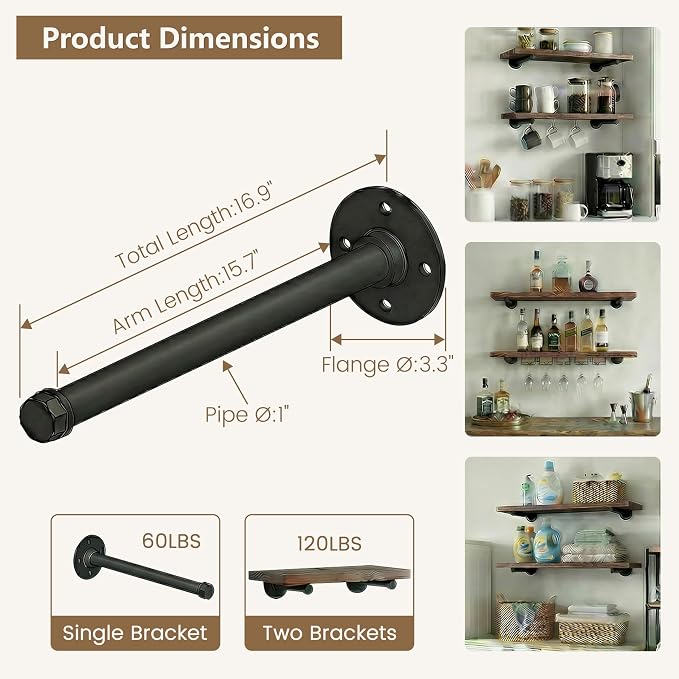 Industrial Pipe Shelf Brackets 6 Pack 16 Inch - Heavy Duty Black Iron for 10"-16" Wood-Wall Mount Floating Shelves Kit with All Hardware Included,Pipe Shelving Brackets , Black DIY Pipe Shelves