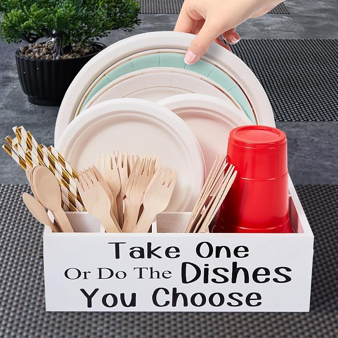Small Paper Plate Holder,Wood Silverware Dispenser for Cups,Forks