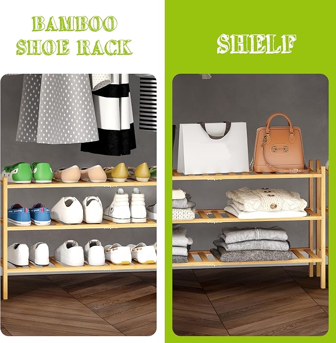 BMOSU 3-Tier Bamboo Extended Shoe Rack Premium Stackable Shoe Shelf Storage Organizer for Hallway Closet Living Room Entryway Organizer (Natural Bamboo)