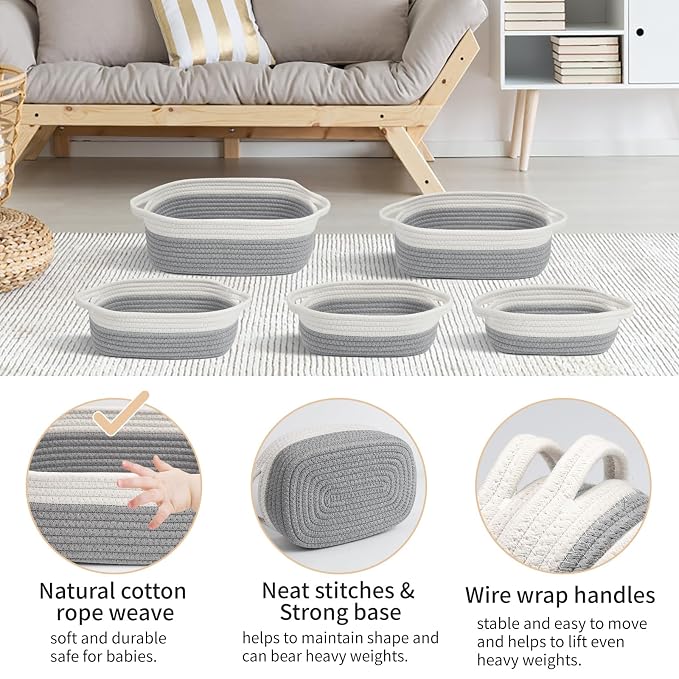VOOWO Set of 5 Woven Baskets - Rope Storage Solutions, Nursery & Organizing, Off White & Gray