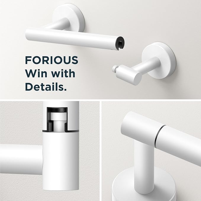 FORIOUS Toilet Paper Holder Wall Mount, SUS304 Stainless Steel Double Post Pivoting Tissue Roll Holder and Hand Towel Ring Set for Bathroom, RV, Bathroom Hardware Accessories Set, White