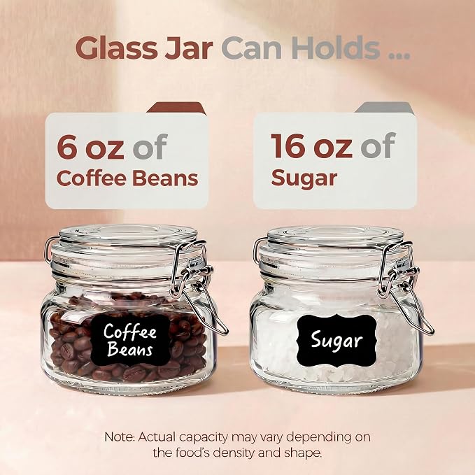 17oz - 6 Pack Square Glass Jars with Airtight Lid, Wide Mouth Mason Jars with Clamp Lids, Air Tight Glass Canisters, Best Food Storage Containers for Cereal, Pasta, Rice, Sugar, Coffee, Spice