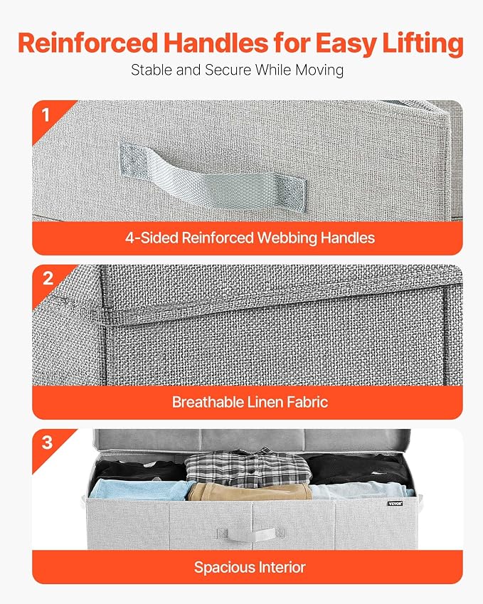 VEVOR Under Bed Storage with Lids, 31.7 x 15.9 x 6.1 Inch, 48L Large Underbed Clothes Storage Containers, Low Profile Gray Under Bed Drawer Shoe Organizer Bins Box for Blanket Shoe Bedroom, 2 Pack