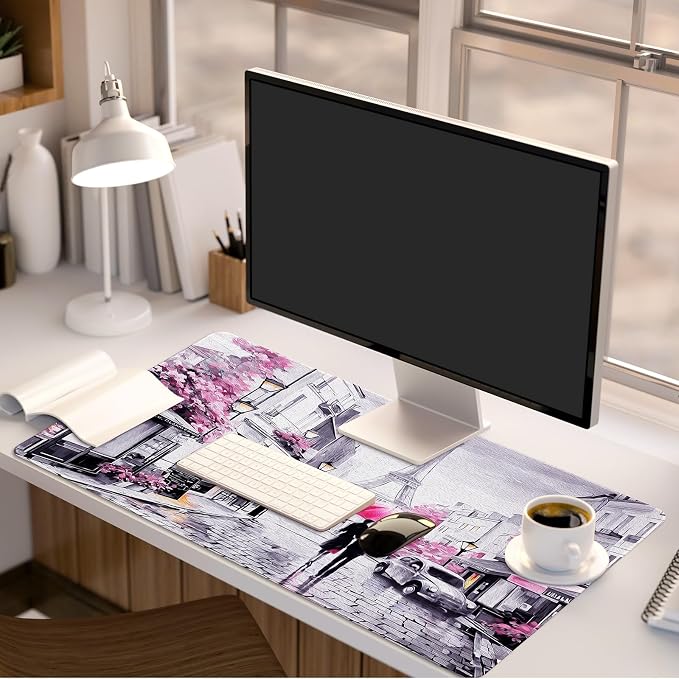 Lokigo Paris Eiffel Tower Desk Pad,Mouse Pad,Romantic Vintage Gray Pink Large Desk Mat for Girls Women, Laptop Writing Mat for Office Work/Home/Decor, Pink, 31.5"x11.8"