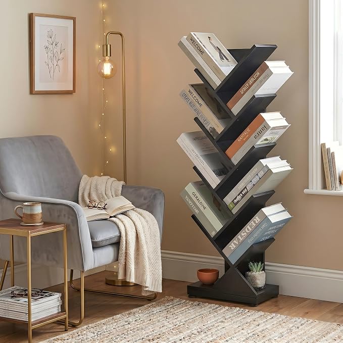 ruboka 9 Tier Tall Tree Bookshelf, Small Bookcase 11.8"*7.4"*38.4" (Black) | Retro Narrow Bookshelves for CDs/Magazines, Book Shelf for Bedroom, Living Room, Office, Balcony, Study Room