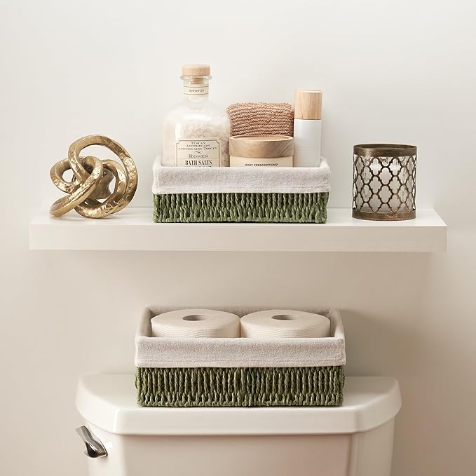 Beautiful Toilet Paper Storage Basket Set of 2 – Decorative Wicker Bathroom Organizer for Toilet Tank Trays - Quality Holder Bin for Shelves Fits Perfectly with Any Bathroom Decor