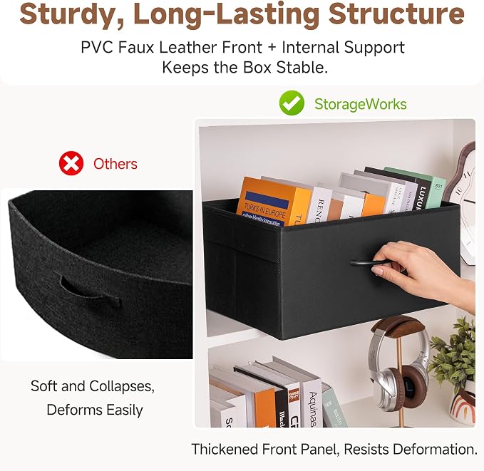 StorageWorks Black Storage Bins, Leather Front Fabric Storage Bins with Handles, Closet Organizers and Storage Bins, Organizer Baskets for Shelves, Collapsible Storage Baskets, Large, 4-Pack