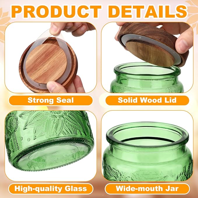 LemonRoad 2 Pcs Vintage Glass Storage Jars 23.67 oz Candy Jar Canister with Solid Wood Lids Food Storage Container for Kitchen, Ground Coffee, Tea, Sugar, Decorative Mason Cookie Jars (Green)