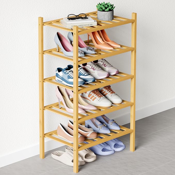 Smiry Bamboo Shoe Rack for Closet, 5 Tier Small Wooden Shoe Organizer, Stackable Wood Shoe Storage Shelf for Entryway, 14 Vertical Slats, 2+3 Stack Heavy-Duty Legs, 17.32"x11.02"x31.3", Natural