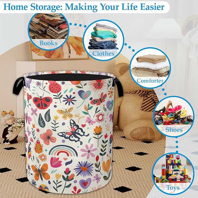 Colorful Butterfly Flowers Laundry Basket Collapsible Laundry Hamper Clothes Storage Bin for Bathroom Bedroom Room Decor 16" X 20.8"