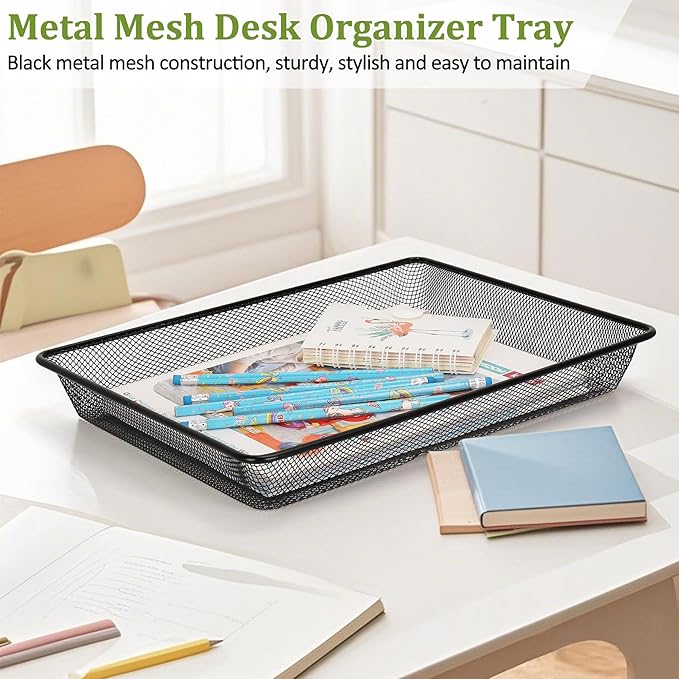 Office Metal Mesh Basket for Desk, Single Paper Tray Organizer, Turn in Trays Classroom, Flat Mail Letter Storage Basket for Office Home Drawers School (1, Black)