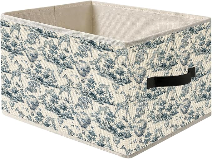 Blue and White Chinoiserie Wildlife Botanical Storage Bin Box with Handles, French Country Toile de Jouy Animal Foldable Organizer Basket Toybox for Home Bedroom Bathroom Clothes Toys Books