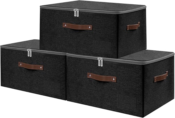 ANMINY 3PCS Storage Bins with Zipper Lid Storage Boxes with Label Holder PU Leather Handles Washable Foldable Decorative Lidded Cotton Linen Fabric Cubes Baskets Closet Organizer - Black, Large