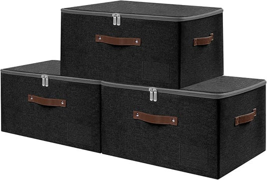 ANMINY 3PCS Storage Bins with Zipper Lid Storage Boxes with Label Holder PU Leather Handles Washable Foldable Decorative Lidded Cotton Linen Fabric Cubes Baskets Closet Organizer - Black, Large