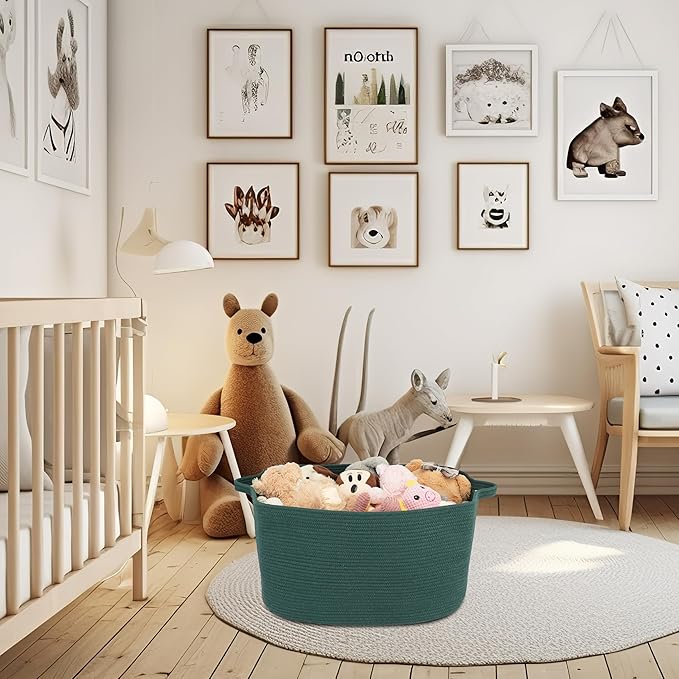 XUANGUO Large Rectangle Blankets Basket Living Room 22"x17"x12" Woven Cotton Rope Storage Basket for Nursery Toy Baskets for Kids and Dogs Wicker Laundry Baskets Bin for Clothes Towels dark green