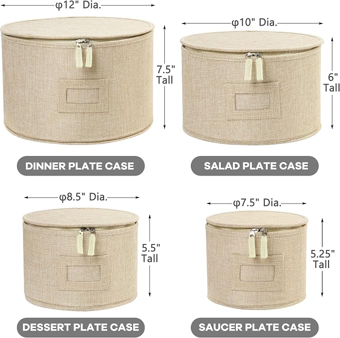 LotFancy China Storage Containers, Hard Shell, 4PCS Set, Dish Saucer Plate Storage Box for Moving, Stackable Dinnerware Organizer Bins with 48 Felt Dividers, Beige