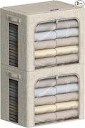 FHSQX 2 Pack Clear Window Storage Bins - Large Stackable Linen Fabric Storage for Clothes Foldable Container Organizer Set with Carrying Handles (Beige, 16.5x 12.2x 12.2Inch)