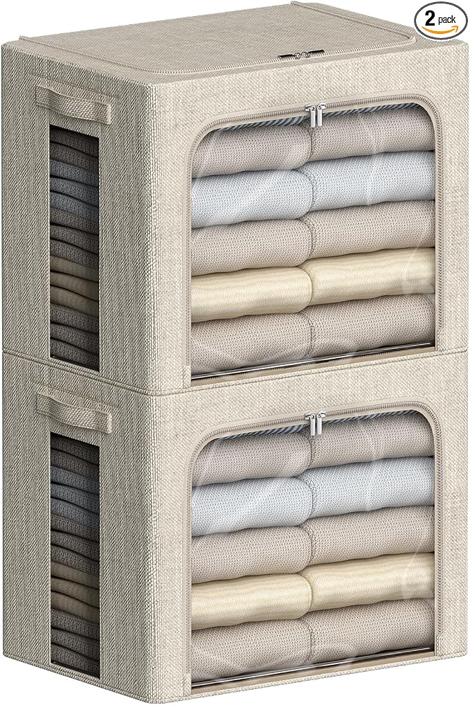 FHSQX 2 Pack Clothes Storage Bins with Metal Frame Beige, 15.7x11.8x9.8 Inch