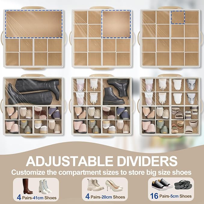 Large Shoe Organizer for Closet, 16 Pairs Shoe Storage Box with 360° Wheels & Reinforced Handles, Adjustable Dividers, Clear Cover, Side Pocket, Foldable Oxford Fabric Bin for Entryway, Beige