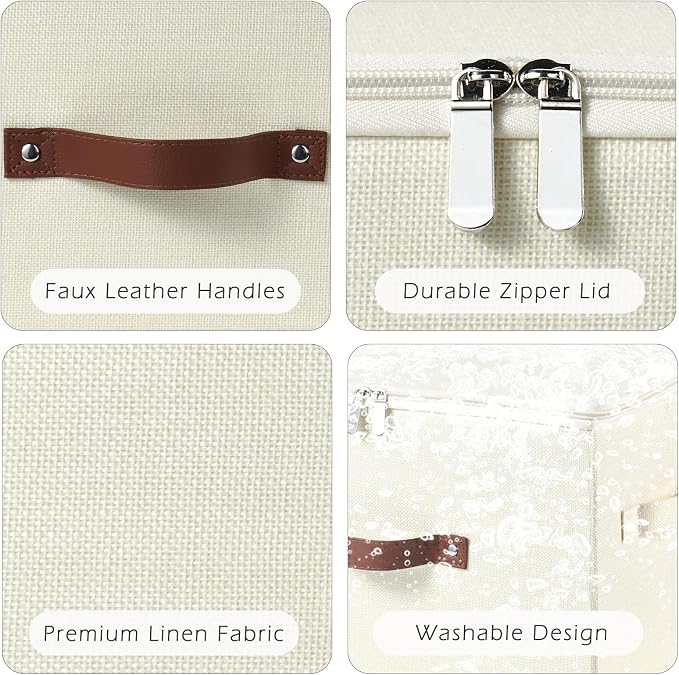 Storage Bins with Zipper Lid Cotton Linen Fabric Lidded Storage Baskets Boxes Foldable Washable Closet Shelf Clothes Organizer Container with PU Leather Handles (Beige, Large Size)