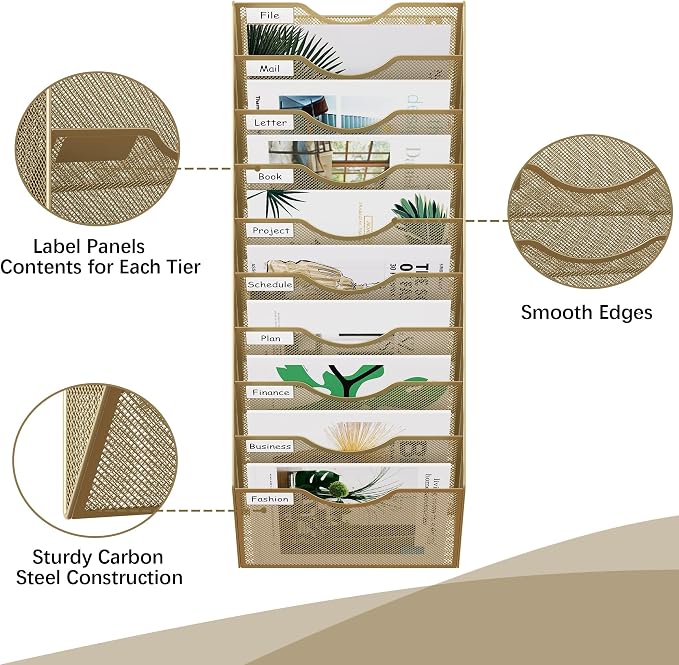 EasyPAG 10 Pocket Mesh Wall File Organizer, Hanging Paper Folder Holder with Classify Label, Vertical Wall Mount Mail Organizer for Office Home Classroom, Gold