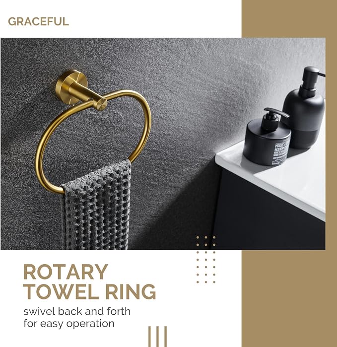 Bathroom Hardware Set 4-Piece Brushed Dark Gold, Angle Simple SUS304 Stainless Steel Bathroom Fixtures Accessory Kit with Towel Hook x 2, Toilet Paper Holder and Rotary Towel Ring, Wall Mount