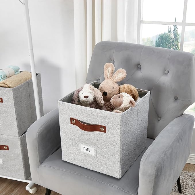 DECOMOMO Storage Bins, Cube Storage Bin with Labels | 10.5" x 11" Fabric Storage Cubes for Shelves (6pcs, Light Texture Grey)