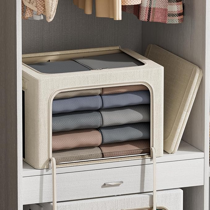 FHSQX 2 Pack Clothes Storage Bins with Metal Frame Beige, 15.7x11.8x9.8 Inch
