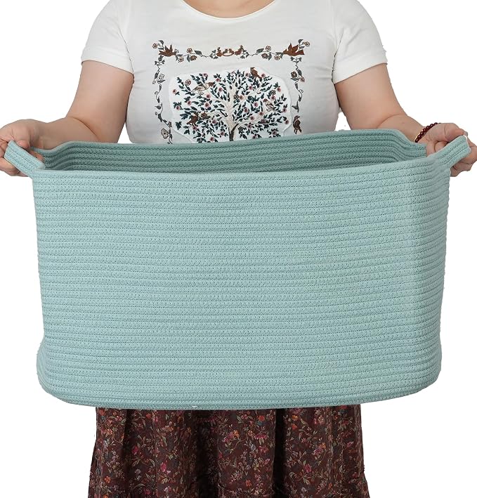 XUANGUO Large Rectangle Blankets Basket Living Room 22"x17"x12" Woven Cotton Rope Storage Baskets for Nursery Toy Baskets for Kids and Dogs Wicker Laundry Basket Bin for Clothes Towels green