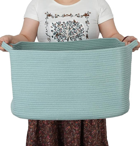 XUANGUO Large Rectangle Blankets Basket Living Room 22"x17"x12" Woven Cotton Rope Storage Baskets for Nursery Toy Baskets for Kids and Dogs Wicker Laundry Basket Bin for Clothes Towels green