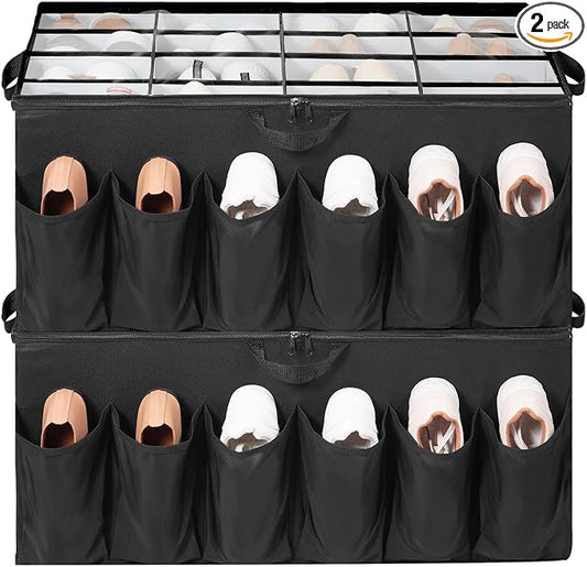 Shoe Organizer for Closet, Shoe Storage Solution with Clear Cover & Adjustable Dividers, Fabric Shoe Box Fits 16 +12 Pairs Shoes, Black, 2-Pack