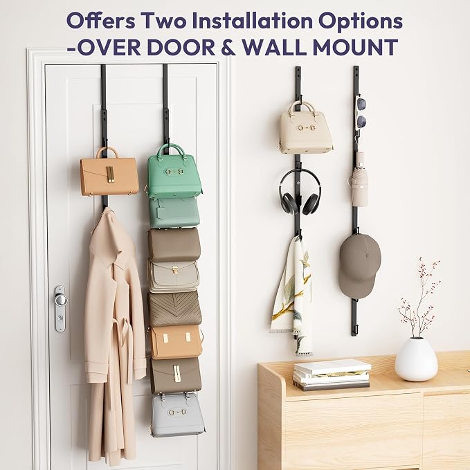 SWTYMIKI Over The Door Purse Organizer - 2 Packs Wall Mounted Purse Rack with 8 Hooks Design, Hanging Handbag Organizer Storage Holds up to 16 Bags, Bag Rack for Closet, Door (Black)