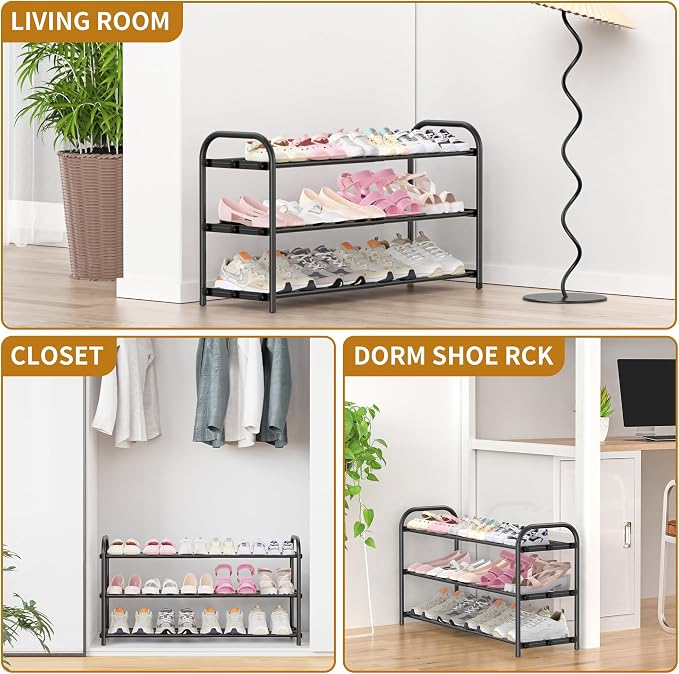 Hleelomi 3-Tier Expandable Shoe Rack for Entryway，Adjustable Metal Shoe Organizer for Closet,Living Room,Dorm,Black