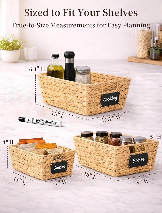 Pantry Organizers and Storage, Water Hyacinth Storage Baskets for Shelves, Natural Baskets for Organizing, Pantry Baskets with Chalkboard Labels and Marker