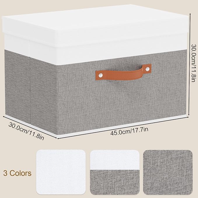 Storage Bins Organizers,White/Grey Baskets,3Pack,17.7x11.8x11.8In | Storage Baskets with Handles,Fabric Clothing Boxes, Collapsible Organizer,Closet Container Cubes for Shelves Wardrobe