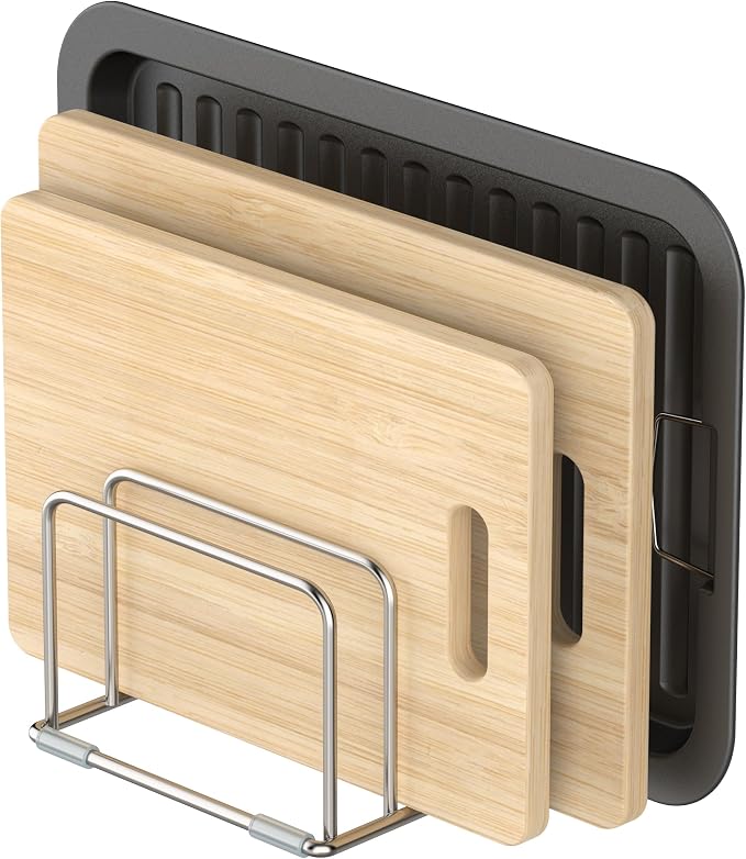 KORRTFID Cutting Board Holder Stand, Chopping Board Storage Rack, Cutting Board Organizer, 304 Stainless Steel Chopping Board Holder, Cookie Sheets Organizer 1.0+1.2 Inch Width Slots(Large)