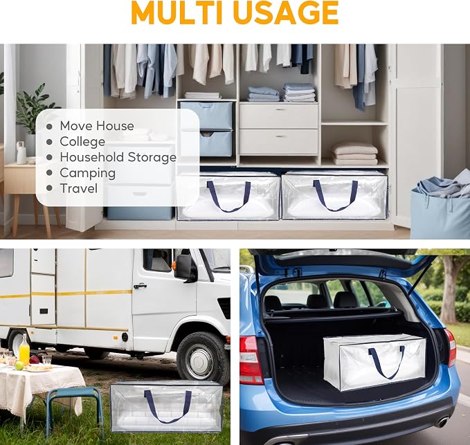 HealSmart 12 Pack Extra Large Moving Bags with Zippers & Carrying Handles, Heavy-Duty Storage Tote Moving Boxes for Dorm Room Essentials Storage Bags, Clear