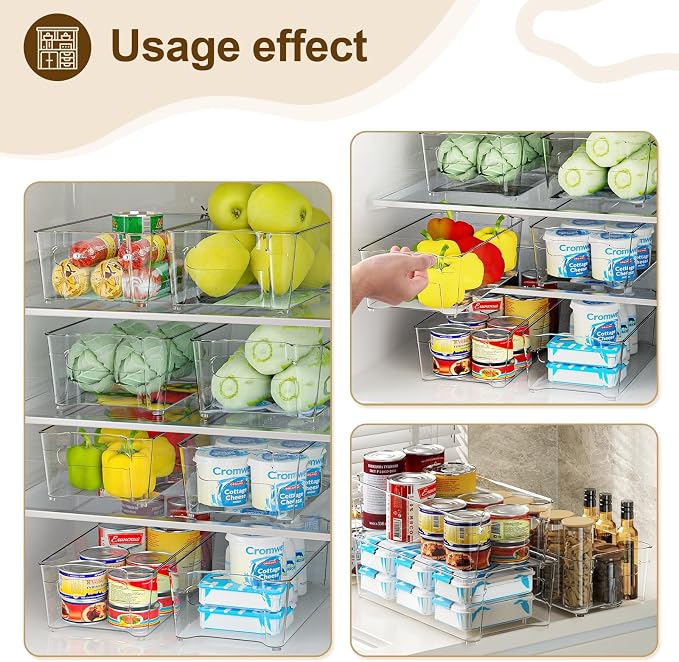 Clear Fridge Organizer, Refrigerator Organizer Bins with Handle, Freezer, Kitchen Cabinet, Pantry Organization, BPA Free Fridge Organizers (12.4 inch 6 Pack)
