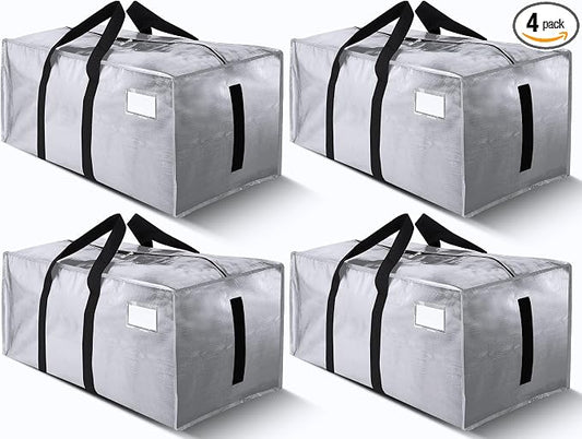 HOMESURE Supports 200lbs Heavy Duty Moving Bags - Strong Zipper & Wrap-Around Handles - Water-Resistant Storage Totes, Durable Alternative to Moving Boxes - 4 Pack - Silver