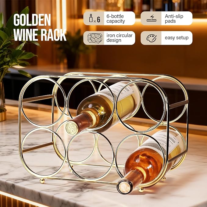 Countertop Wine Rack - 6 Bottle Freestanding Modern Gold Metal Small Wine Rack - Tabletop Wine Holder Stand for Cabinet, Pantry, Wine Bottle Storage
