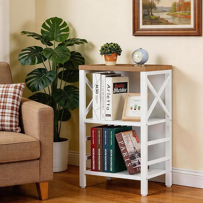 MNEETRUNG Book Shelf, Small 3-Tier Industrial Bookshelf with Strong Metal Frame & Backboard, 15.7" Short Bookcase for Small Spaces, Living Room, Bedroom and Home Office, White