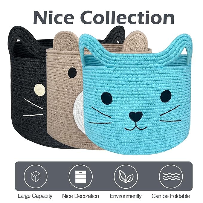 VK VK·LIVING Large Cat Toy Basket with Handles 15"Lx14"H Cotton Rope Toy Box with Cat Design, Cute Animal Basket for Laundry, Baby, Towels, Blankets, Woven Cotton Rope Storage Organizer Blue