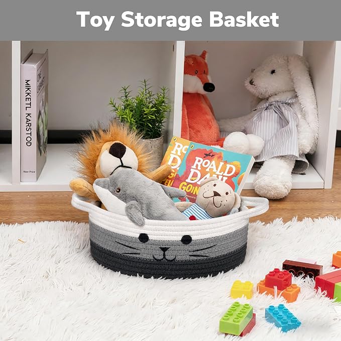Cute Cat Toy Basket, Small Woven Basket for Organizing Living Room, Decorative Gift Baskets for Baby Shower, Pet Toys Storage, Mixed & Gray, 9.8 x 4 inches
