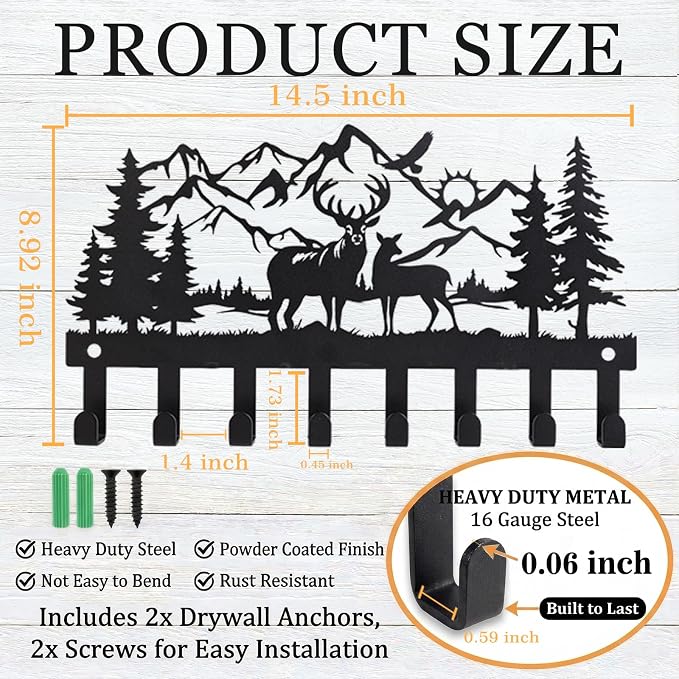 Deer Metal Key Holder for Wall, 14.5" X 8.9", Key Hooks for Wall Organizer, Key Rack, Forest Theme Coat Hat Towel Hooks, Ideal for Living Room, Hallway, Office