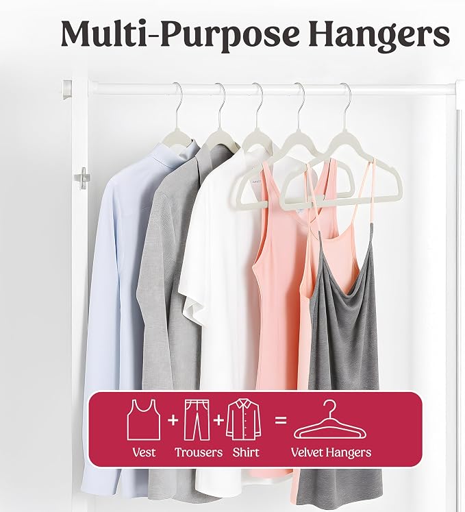 White Velvet Hangers 50 Pack, Slim Non-Slip Felt Hangers - LUX Décor | Shoulder Notches, Holds up to 10 lbs, Space Saving Clothes Hanger, 360 Swivel Hook, Suit Coat Dress Pants, Closet Organizer