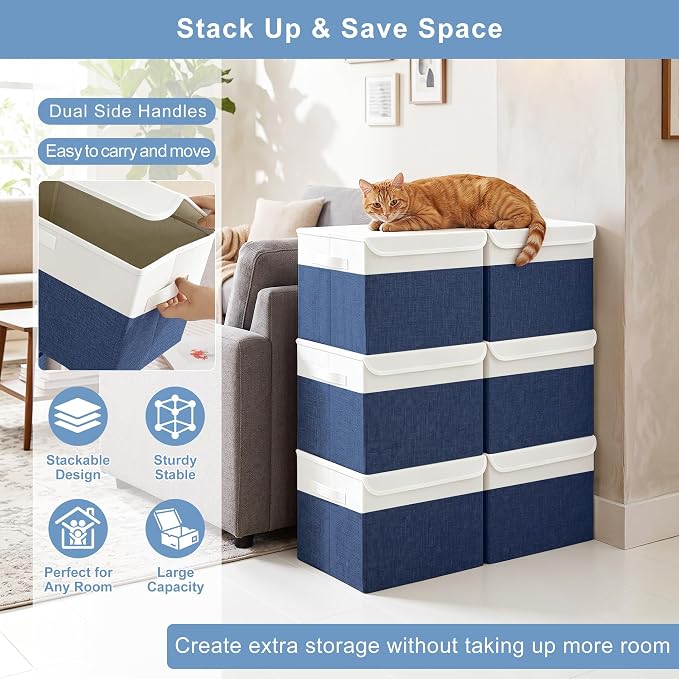 Large 17" 42 Quarts Collapsible Stackable Storage Bins with Lids [3-Pack] Foldable Fabric Linen Storage Boxes Cube, Closet Organizer Baskets with Label for Home (16.7 x 12 x 12", Navy Blue & White)