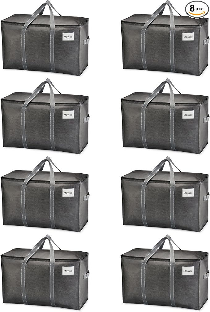 VENO 8 Pack Heavy Duty Moving Bags, Extra Large Storage Bags with Reinforced Handles & Strong Zippers, Foldable & Reusable Moving Box Alternative for Clothes & Dorm Storage