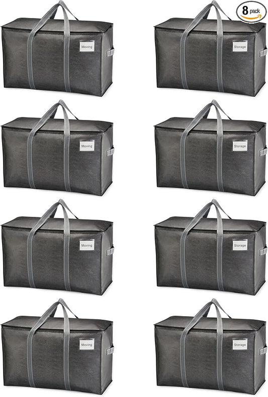 VENO 8 Pack Heavy Duty Moving Bags, Extra Large Storage Bags with Reinforced Handles & Strong Zippers, Foldable & Reusable Moving Box Alternative for Clothes & Dorm Storage